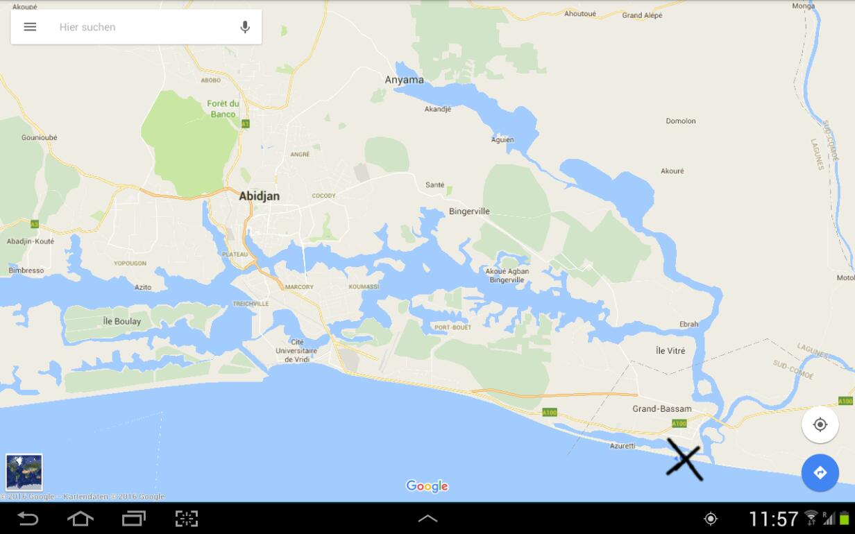 Karte von Abidjan - Das Kreuz markiert die ungefähre Lage des Hotels, wo ich jetzt bin