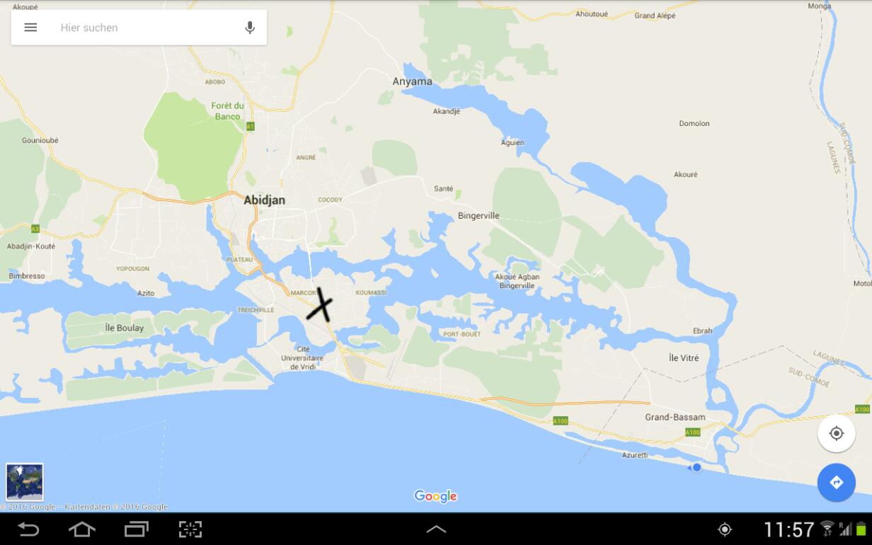 Karte von Abidjan - das Kreuz markiert die ungefähre Lage des Hotels &quot;Ibis&quot;