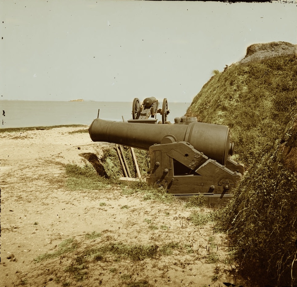 1865 Charleston S.C. Guns of Fort Johnson Fort Sumter in distance Colored Sepia