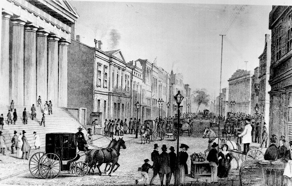 Eine Zeichnung, wie die Wall Street 1867 aussah. Die Wallstreet ist zum Synonym des globalen Aktienhandels geworden.