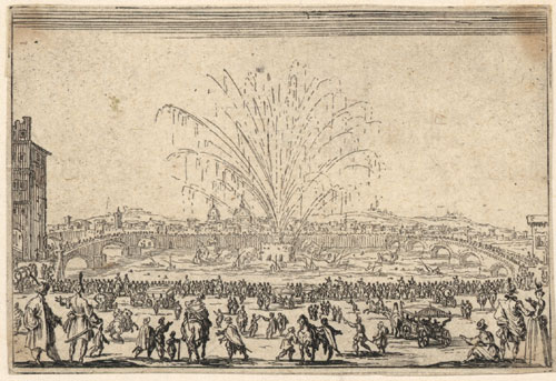 Le feu d’Artifice sur l’Arno Stich von Jacques Callot, 17. Jahrhundert