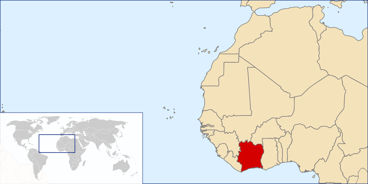 Die Karte zeigt die Elfenbeinküste in Afrika. Bild von Rei-artur pt en Rei-artur blog, CC BY-SA 3.0 , via Wikimedia Commons