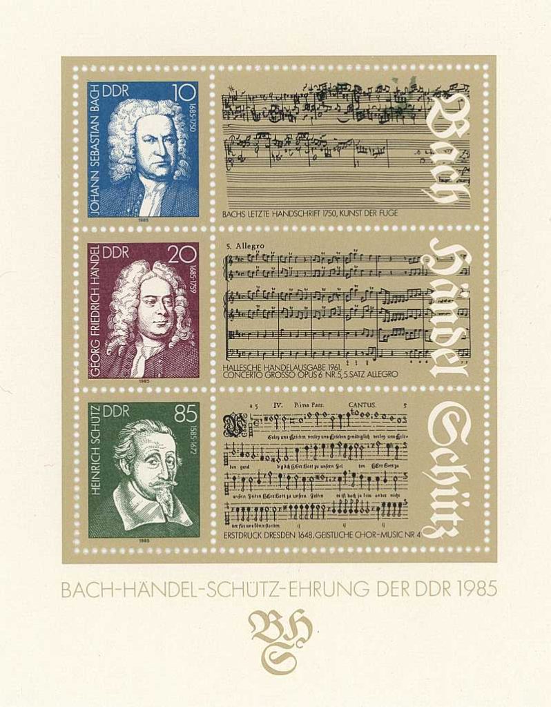 Briefmarken-Block der DDR zur Bach-Händel-Schütz Ehrung
