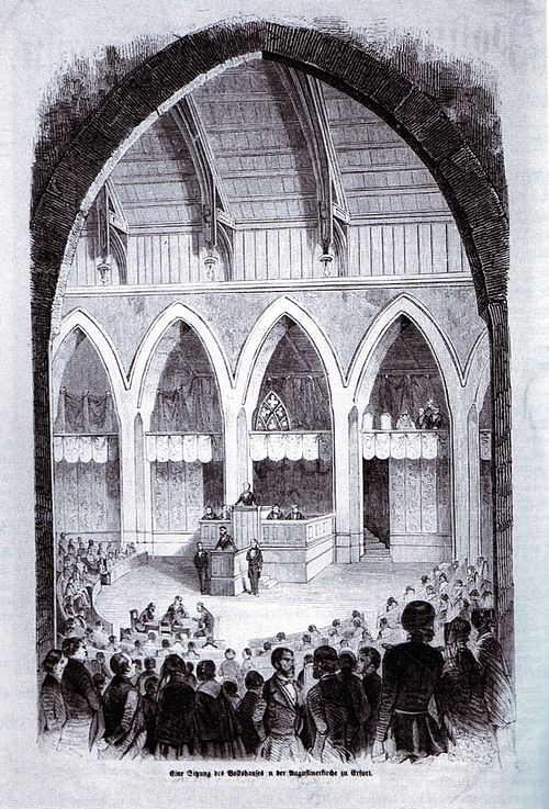 Das Bild zeigt eine Sitzung des Volkshauses des Erfurter Unionsparlaments im Jahr 1850 im Schiff der Augustinerkirche